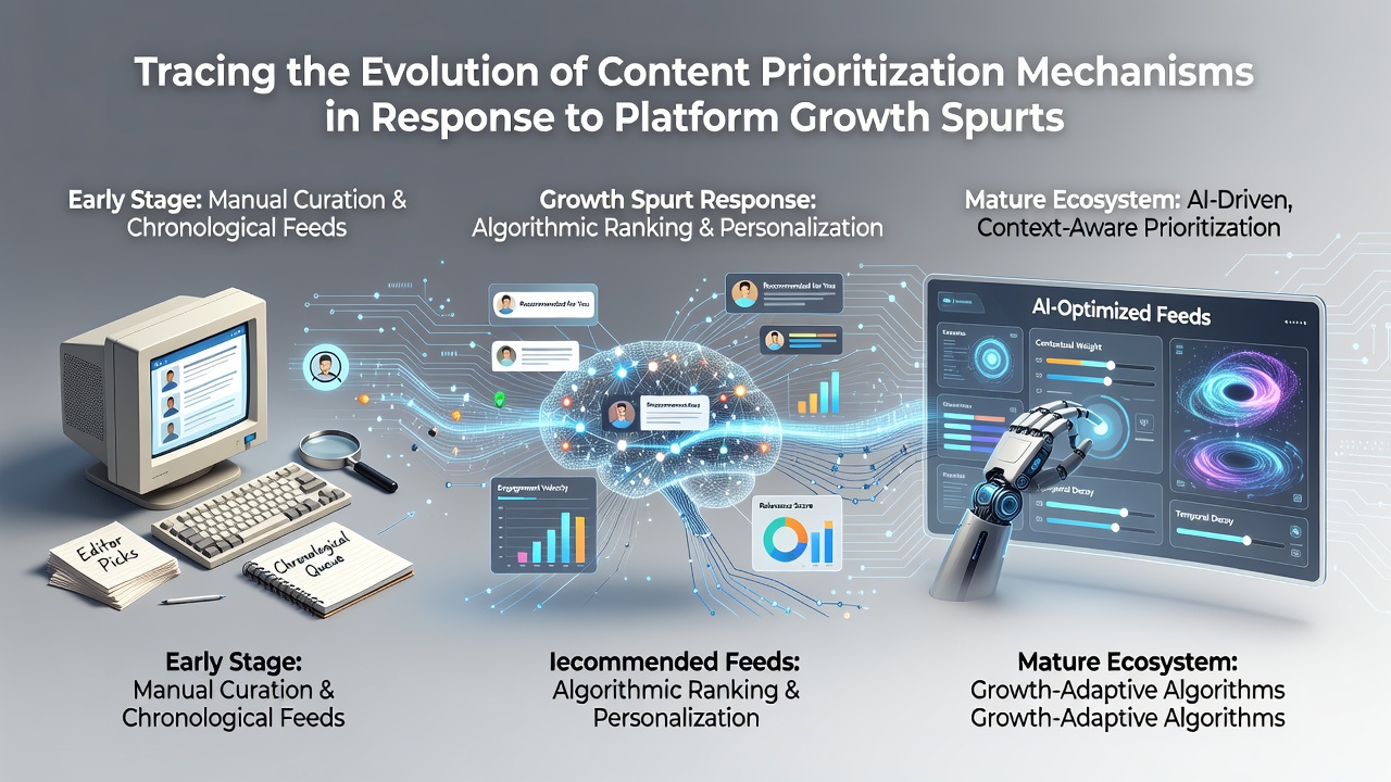 Tracing the Evolution of Content Prioritization Mechanisms in Response to Platform Growth Spurts